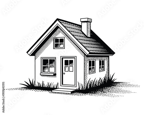 House hand drawn sketch of residential building with garden grass and chimney for real estate architecture design on transparent background