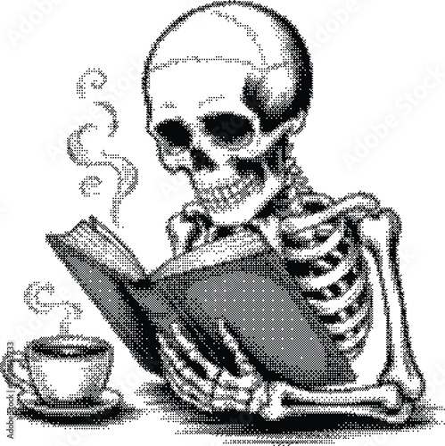 Skeleton Reading Book with Coffee Vintage Halftone Illustration