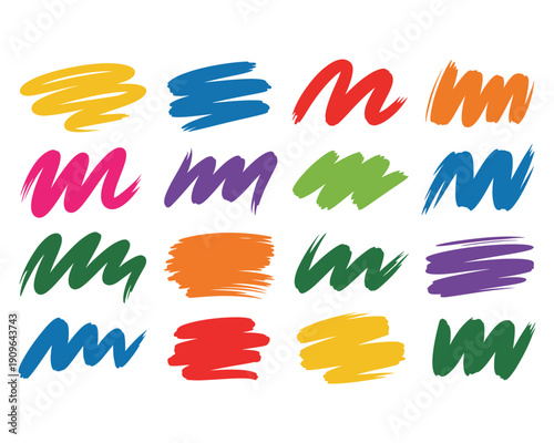 Scribble and brush stroke set with colorful paint marks for creative design projects and artistic highlights or underline elements collection