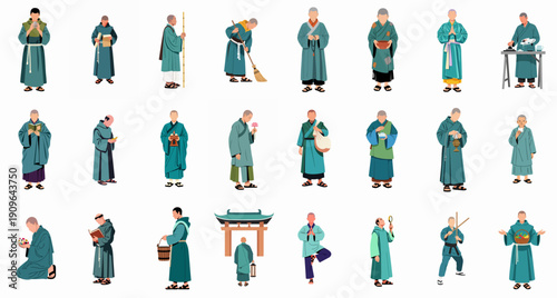 Flat vector illustration set of Buddhist monks performing various spiritual and daily activities, including meditation, study, martial arts, and rituals.