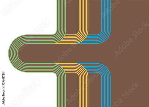 Abstract vector pattern. Brown background with colored parallel retro lines. Sporty divided vector background from curved lines. . 60s - 80s design element. Flow, roads, disco, hippie. Border, place f