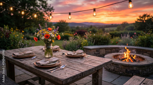 Cozy outdoor dining table set with flowers and fire pit at sunset  