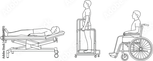 Patient rehabilitation outline vector set, hospital recovery stages with stretcher, walker, wheelchair, medical therapy concept, isolated healthcare illustration collection