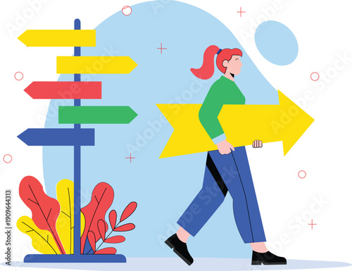 Woman Carrying Arrow Showing Direction and Choice, Career Path Decision Flat Vector Illustration