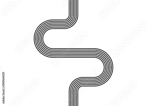 Abstract Vector pattern of black parallel retro lines on white background. Sporty vector background of curved lines. Striped ribbon. 60s - 80s design element. Flow. Disco, hippie. Letter S shape, road