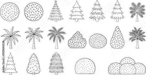 Hand drawn trees and bushes outline collection, pine palm shrubs vector set, botanical nature elements, black white illustration isolated pack