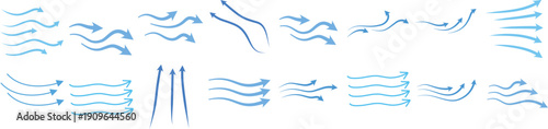 Blue air motion lines. Wind symbol Wind blow line icon. Hand drawn air wave icon. Outline wind movement symbol isolated on white background. Windy icon. Air flow icon set