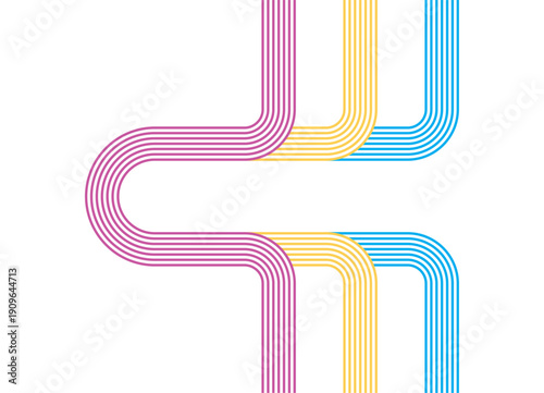 Abstract Vector pattern of colored parallel retro lines on a white background. Sporty vector background of curved intertwined lines. Striped arches. 60s - 80s design element. Flow, roads, disco, hippi