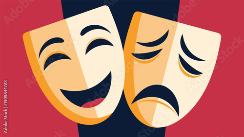 Classic theater masks representing comedy and tragedy in a stylized flat design with bold red and dark background.