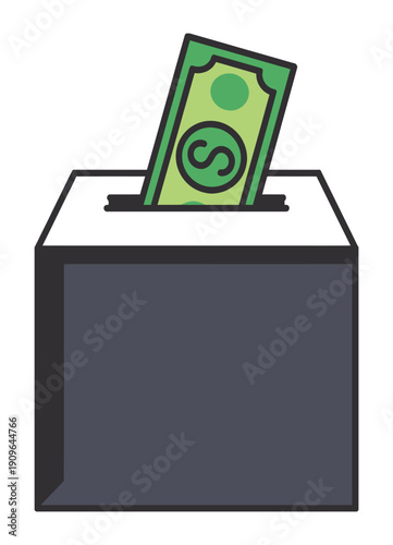 Isometric charity donation box illustration with green paper currency bill inserted for financial contribution and philanthropy