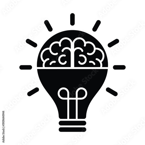 Minimalist black icon of lightbulb containing brain structure representing smart solutions and intellectual property development