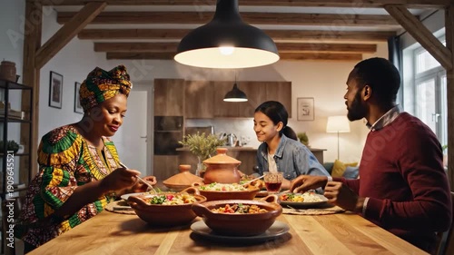 Family enjoying meal together under a pendant light indoors