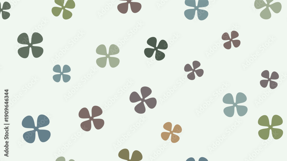 Fototapeta premium Minimalist seamless pattern with small colorful four petal clover or flower shapes on an off white background.