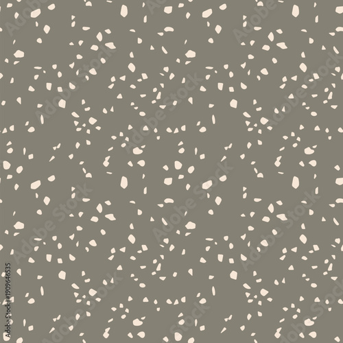 Vector terrazzo floor texture. Minimalist seamless pattern with chaotic scattered cutout shapes, stones. Trendy background in taupe color. Mosaic flooring surface. Simple minimal repeated geo design