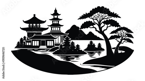 Asian Riverside Village Silhouette Vector