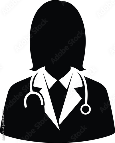 Silhouette of a female doctor wearing a stethoscope and lab coat, representing healthcare and medical professionals