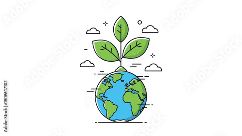 Ecological illustration of planet earth with a green plant growing from the top surrounded by clouds and stars.