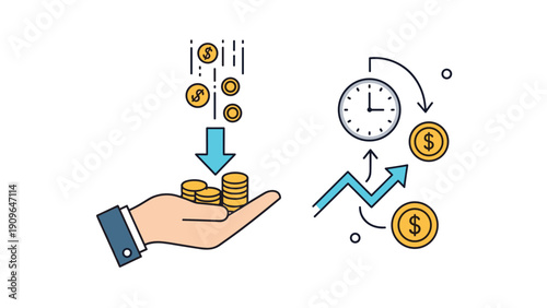 Financial infographic elements showing money falling into a hand, a clock for time management, and a growth arrow for investment success.