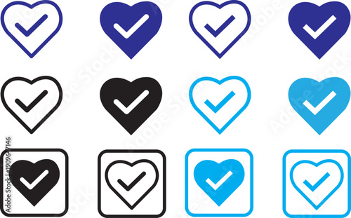 Heart with checkmark vector icon sign . Health care quality check. Done, vote, and choice concept. Like button symbols. Modern social media love icons.

