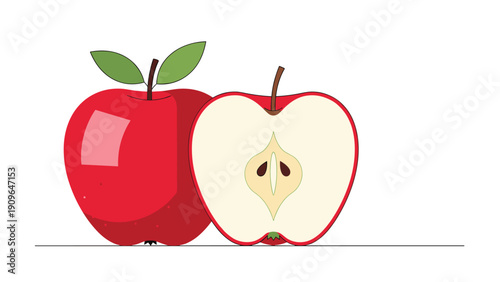 Simple illustration of a whole red apple and a half apple showing the core and seeds on a white background.