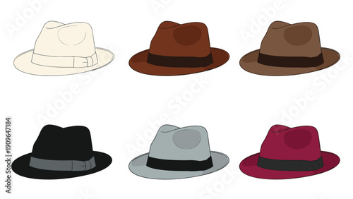 Array of stylish fedora hats displayed in different colors like black, maroon, grey, and brown for menswear fashion and styling options.