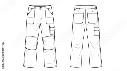 Technical fashion flat of heavy-duty cargo work pants with reinforced knees and multiple pockets shown in front and back views for design.