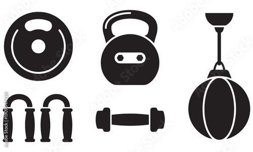 Black Silhouette Gym Equipment and Fitness Icons Set