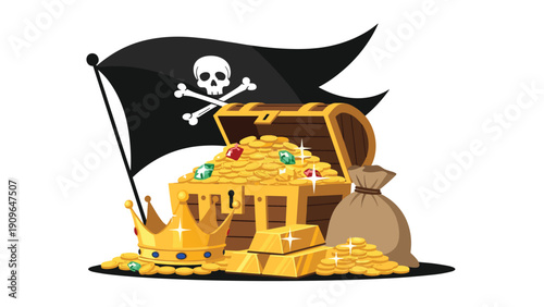 Pirate themed illustration featuring a wooden treasure chest full of gold coins, jewelry, a royal crown, and a skull flag.