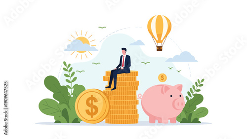 Successful businessman sitting on a stack of gold coins near a giant piggy bank representing smart financial savings.