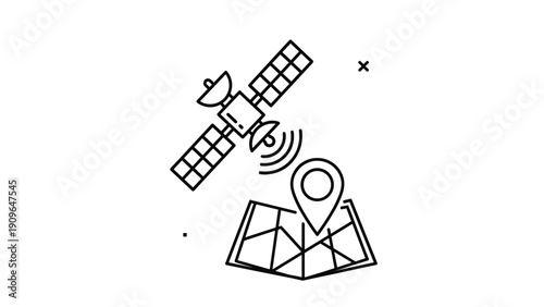 Minimalist black and white line art illustration of a satellite orbiting above a map with a location marker pin icon.