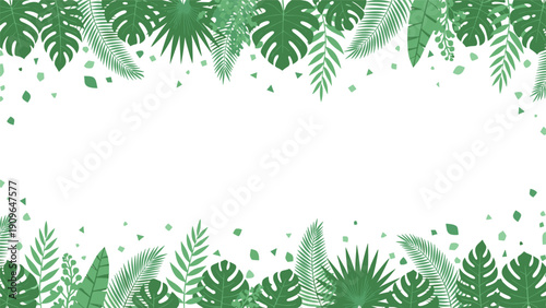 Vibrant tropical leaf border featuring a variety of green palm and monstera leaves against a clean white background.
