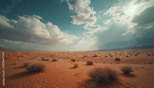 Vast desert with sand dunes under dramatic sky. Sparse dry bushes grow on sandy terrain. Sunlight breaks through clouds, casting shadows on the arid landscape.