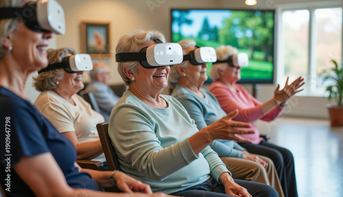 Group of Happy Seniors Using Virtual Reality Headsets in a Community Center