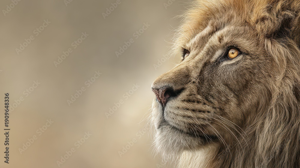 Fototapeta premium Portrait of a young lion in profile with generous copy space for banner text