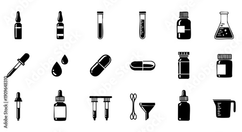 Black and white icons of various medicine and laboratory equipment on white background  medical and science symbols Video