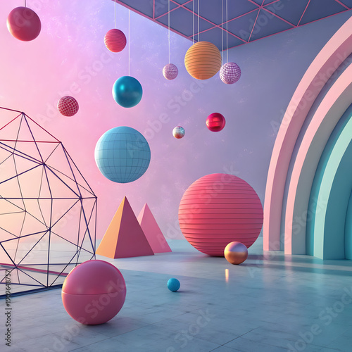Vibrant 3D Room with Colorful Spheres, Pyramids, and Geometric Shapes in Pastel Colors