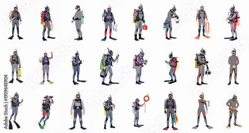 Set of flat vector illustrations depicting professional scuba divers in full gear, holding tools for research, exploration, instruction, and underwater safety.