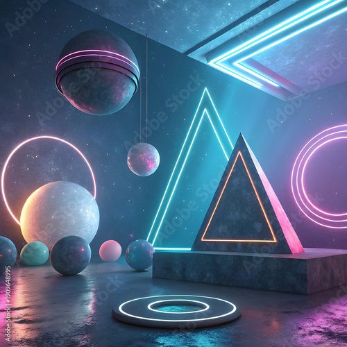 Neon Lit Futuristic Space Scene with Glowing Planets and Geometric Shapes in Dark Room