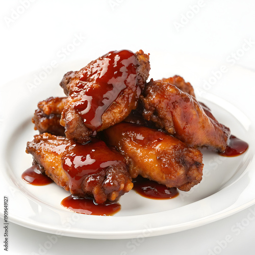 Delicious Barbecue Chicken Wings on a White Plate Smothered in Red Sauce