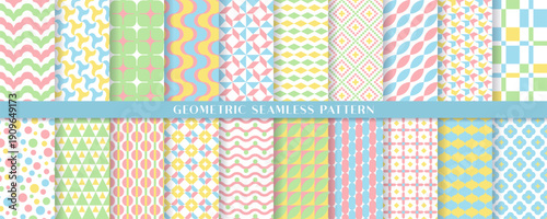 パステルカラーの幾何学模様のシームレスパターンセット（春）