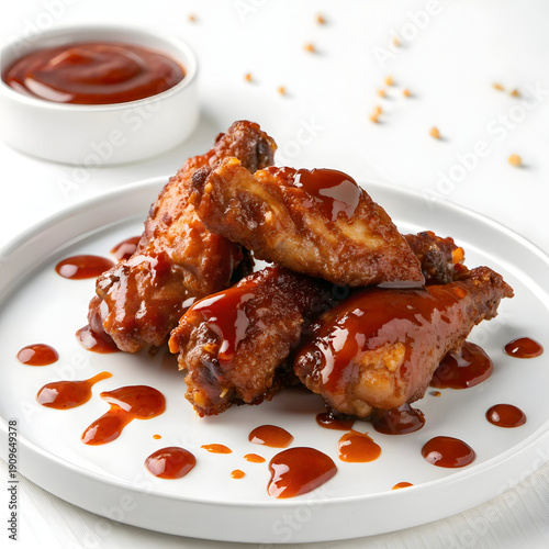 Delicious Barbecue Chicken Wings on a White Plate with Dipping Sauce