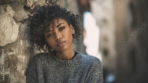 Quiet moment outside in a stone corridor featuring a casually dressed Black woman