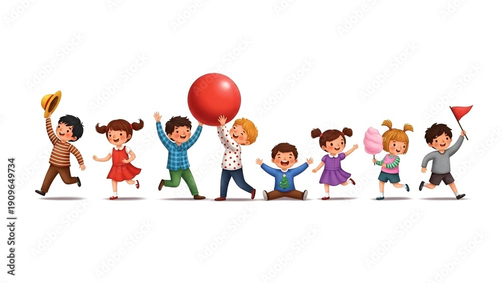 Fototapeta premium Diverse Children Playing Together Vector Illustration, Joyful Childhood Fun Scene, Ideal for Educational Materials and Kids' Brands