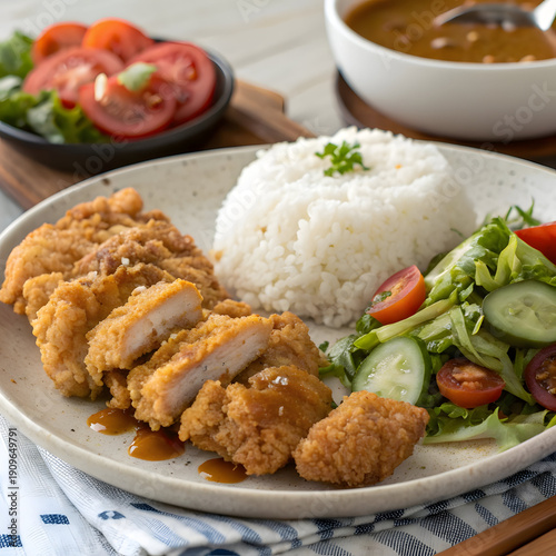 Delicious Plate of Fried Chicken, Fresh Salad, and Steamed Rice with Savory Sauce