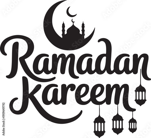 Ramadan kareem arabic calligraphy with mosque and lanterns