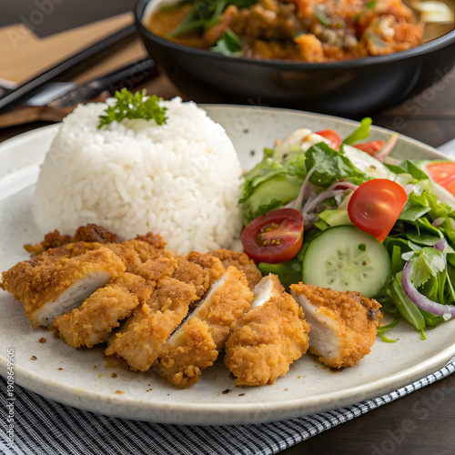 Delicious Plate of Crispy Fried Chicken with Steamed Rice and Fresh Vegetable Salad