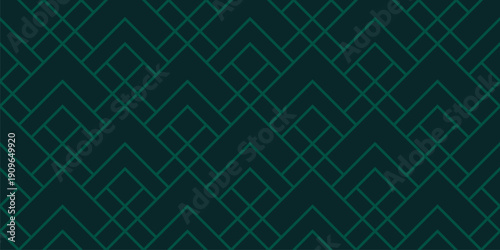 Abstract seamless pattern with lines, square grid, diamond shapes, scale lattice. Linear vector geometric background. Subtle dark green minimalist texture. Simple modern ornament. Repeated geo design