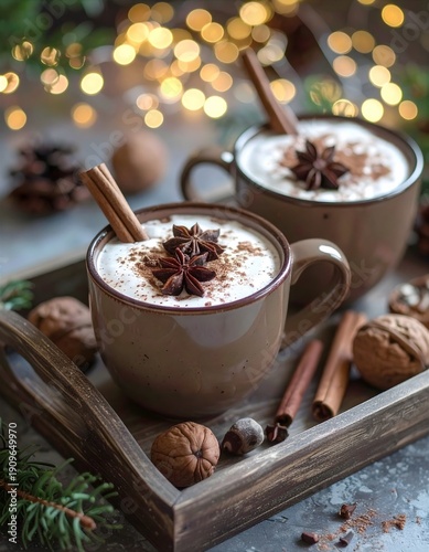 Zwei dampfende Tasse heiße Schokolade stehen auf einer Holztablett neben einem leuchtenden Weihnachtsbaum, der in warmes, filmisches Licht mit sanftem Bokeh 