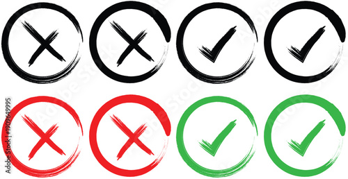 Hand Drawn Brush Stroke Check Mark and Cross Icon Set – Red Green Black Circle Tick and X Symbols Grunge Style Vector Illustration Collection Isolated on White Background