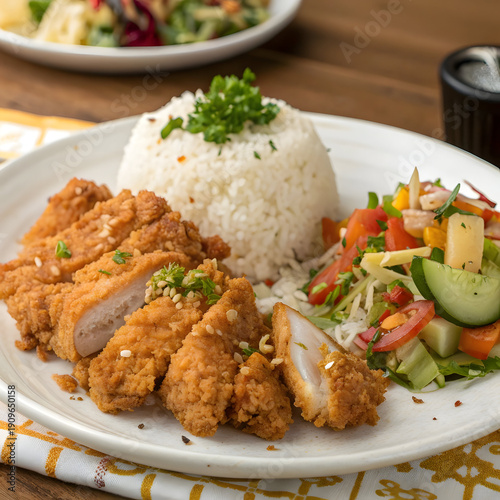Delicious Plate of Crispy Fried Chicken, Fresh Vegetable Salad, and Steamed White Rice Garnished with Herbs on a Wooden Table